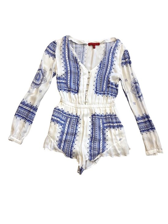 Saks Fifth Avenue Pants - Saks Fifth Avenue Women's Button Front Romper XS White Blue Scarf Print Boho